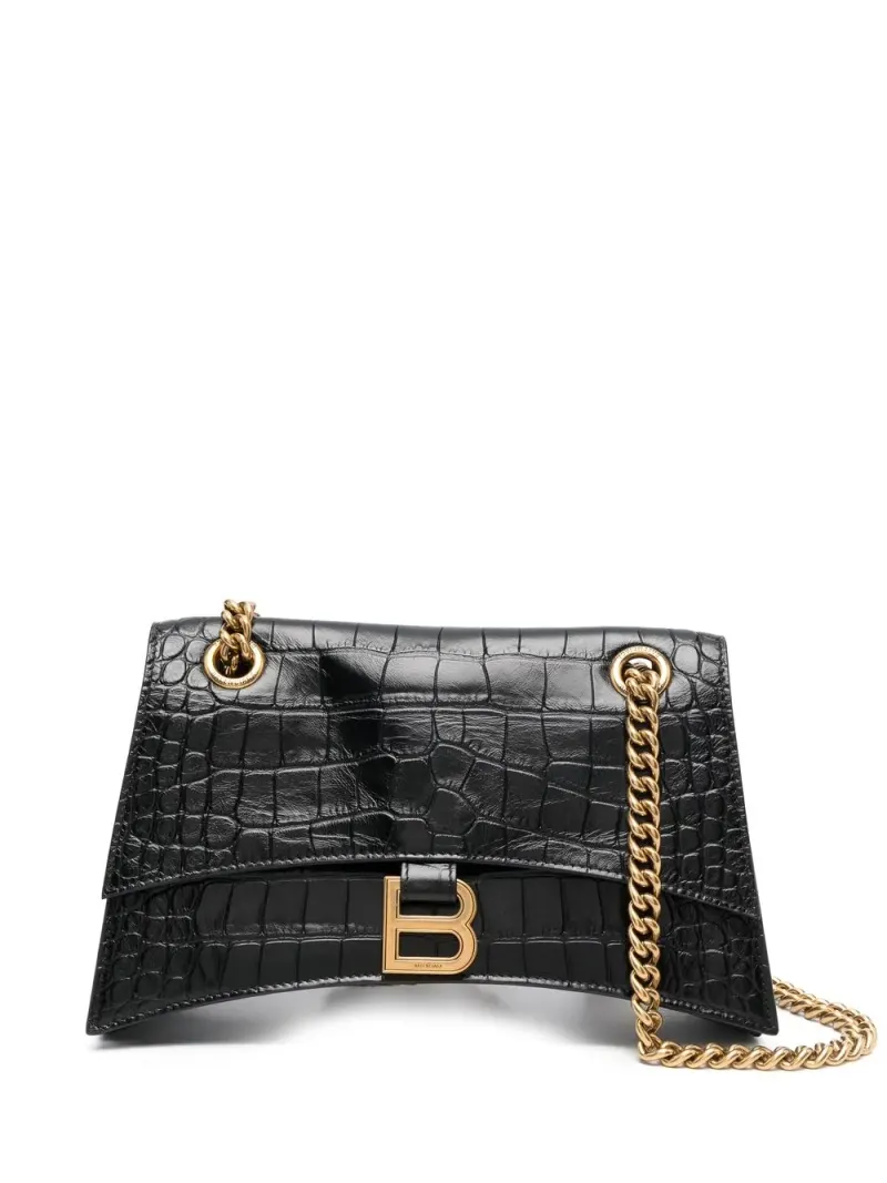 Balenciaga Kleine Crush Schultertasche mit Kroko-Effekt in Schwarz