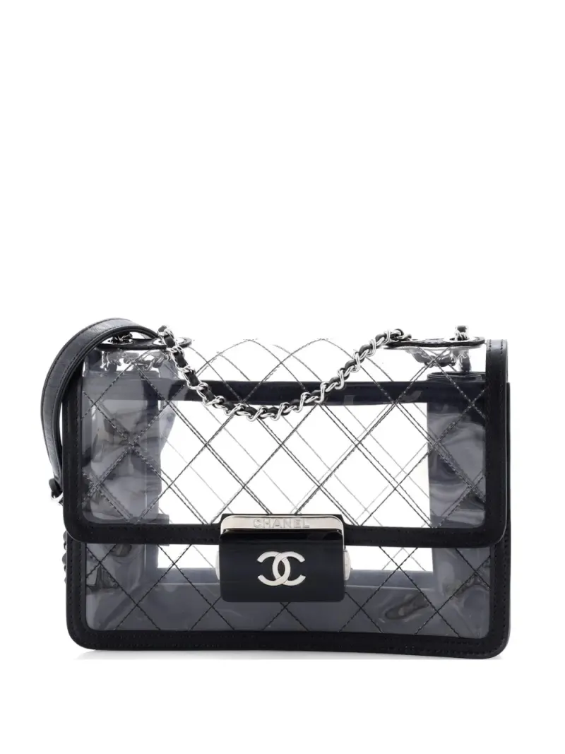 Chanel Große Beauty Lock Flap Schultertasche aus gestepptem PVC mit Lammleder in Schwarz Lammleder-Leder