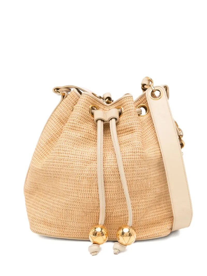 Chanel 1992 CC Balls Beuteltasche aus Raffiabast mit Kordelzug in Nude