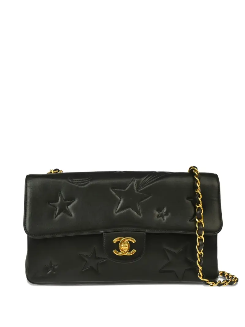 Chanel 1995 mittelgroße Classic Flap Schultertasche mit Stern-Steppung in Schwarz