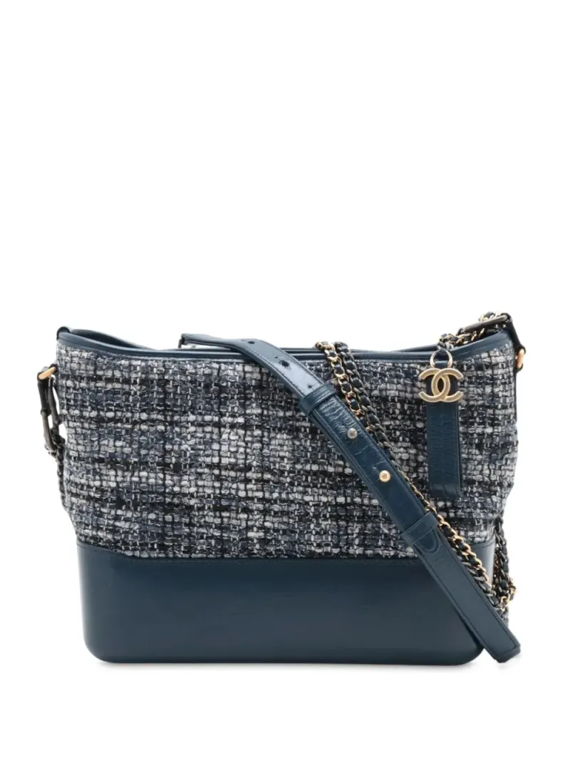 Chanel 2018 mittelgroße Gabrielle Umhängetasche mit Tweed und Kalbsleder in Blau Tweed-Leder