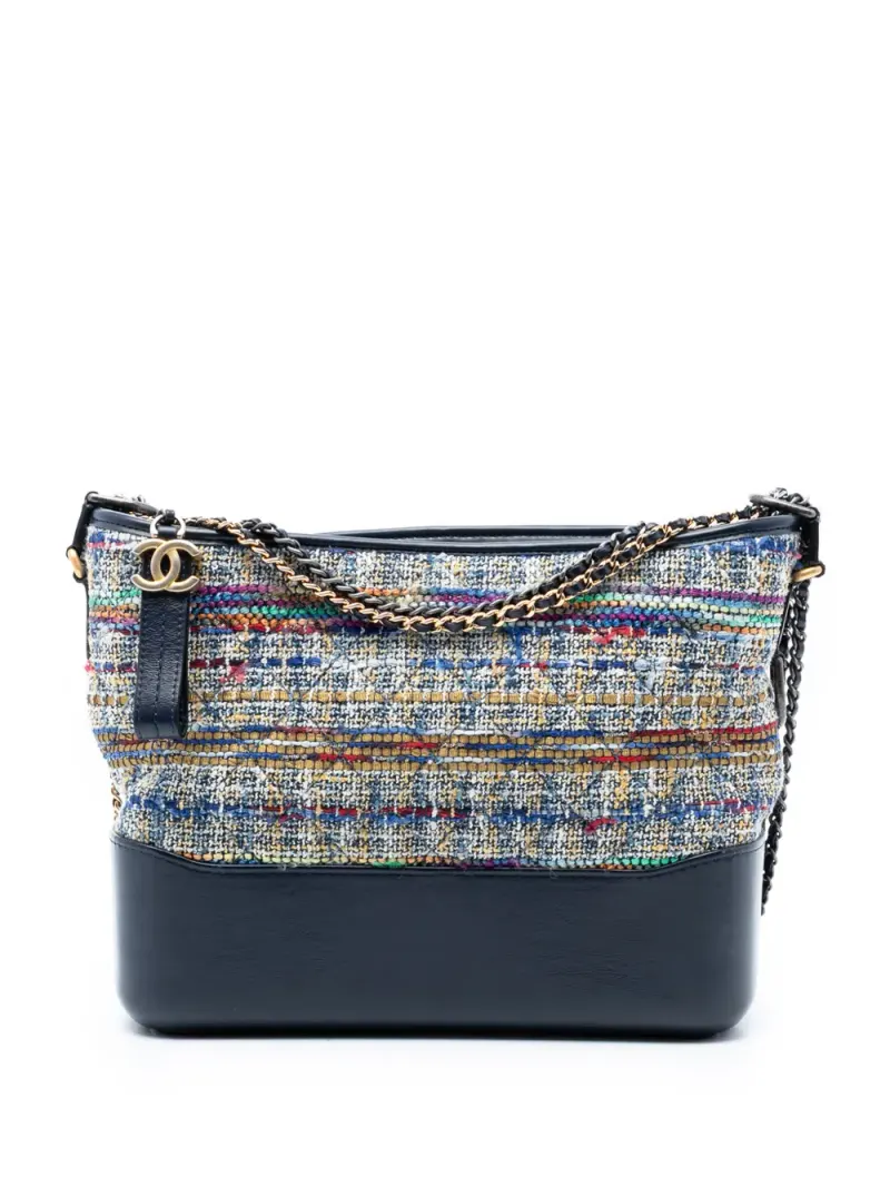 Chanel 2018 mittelgroße Gabrielle Umhängetasche aus Tweed und Lammleder in Blau Lammleder-Leder