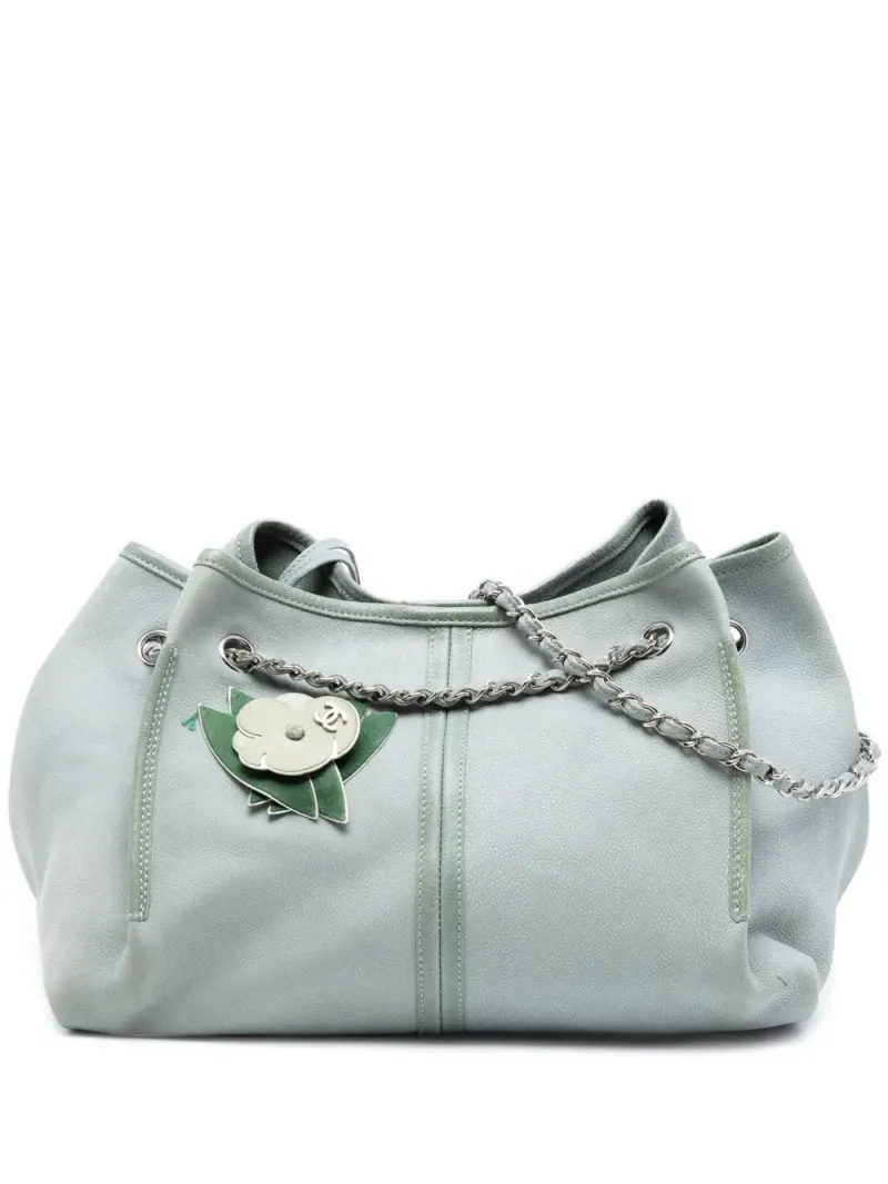 Chanel 2008-2009 gekörnter Camellia Tote Bag aus Nubukleder in Grün