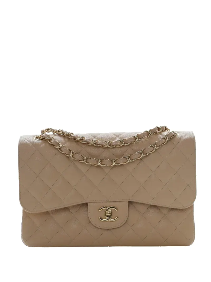 Chanel 2014-2015 jumbo Classic Double Flap Schultertasche aus Kaviarleder in Braun