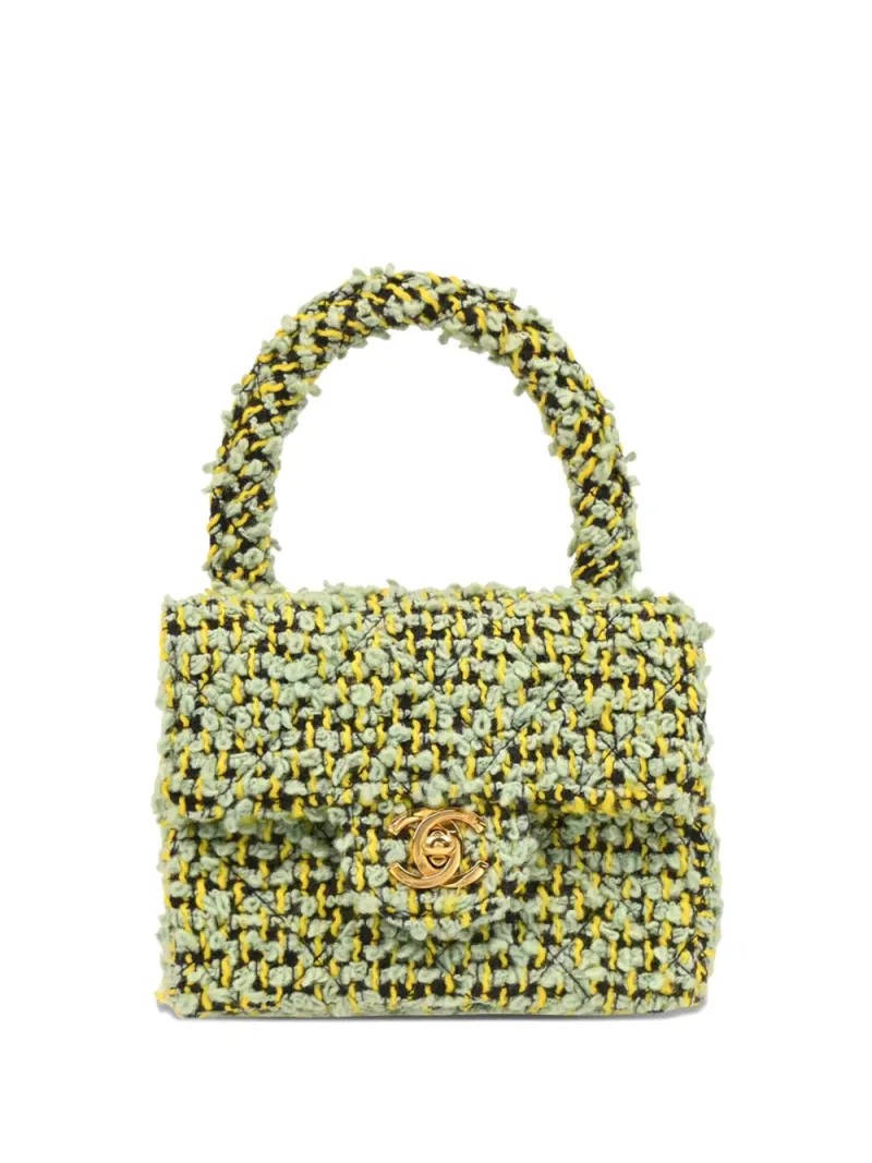 Chanel 1992 micro Kelly Handtasche aus Tweed in Grün Tweed-Leder