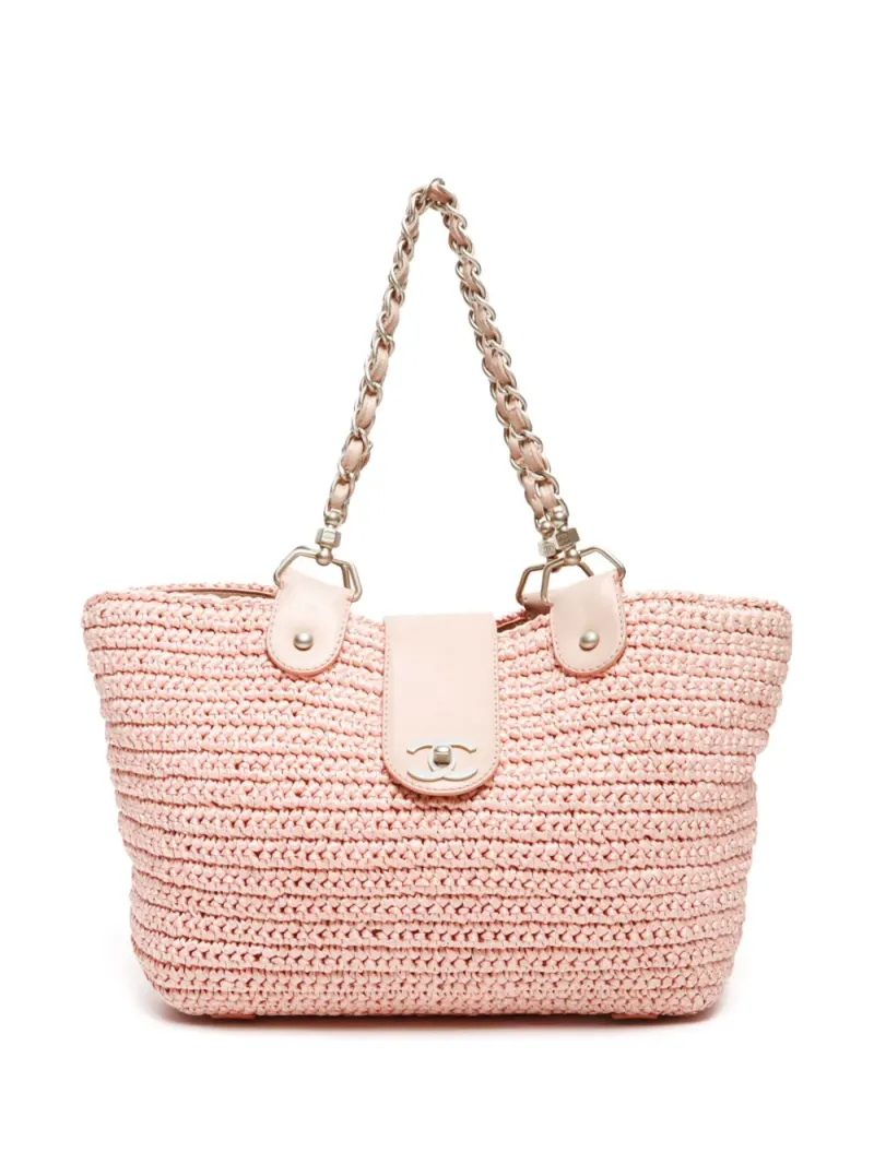 Chanel 2005 Tote Bag aus Stroh mit CC-Motiv in Rosa