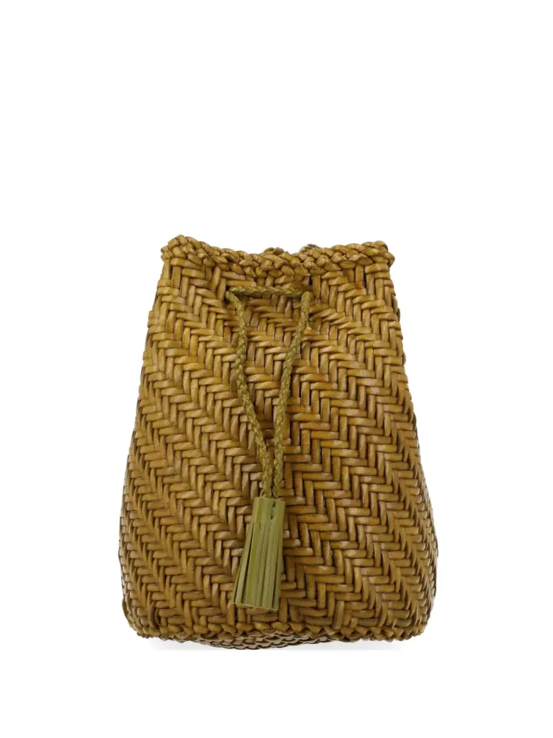 Dragon Diffusion Pompom Double Jump Tan woven clutch bag in Braun