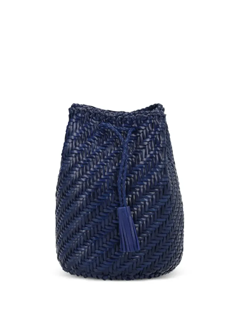 Dragon Diffusion Pompom Double Jump Tan woven clutch bag in Blau