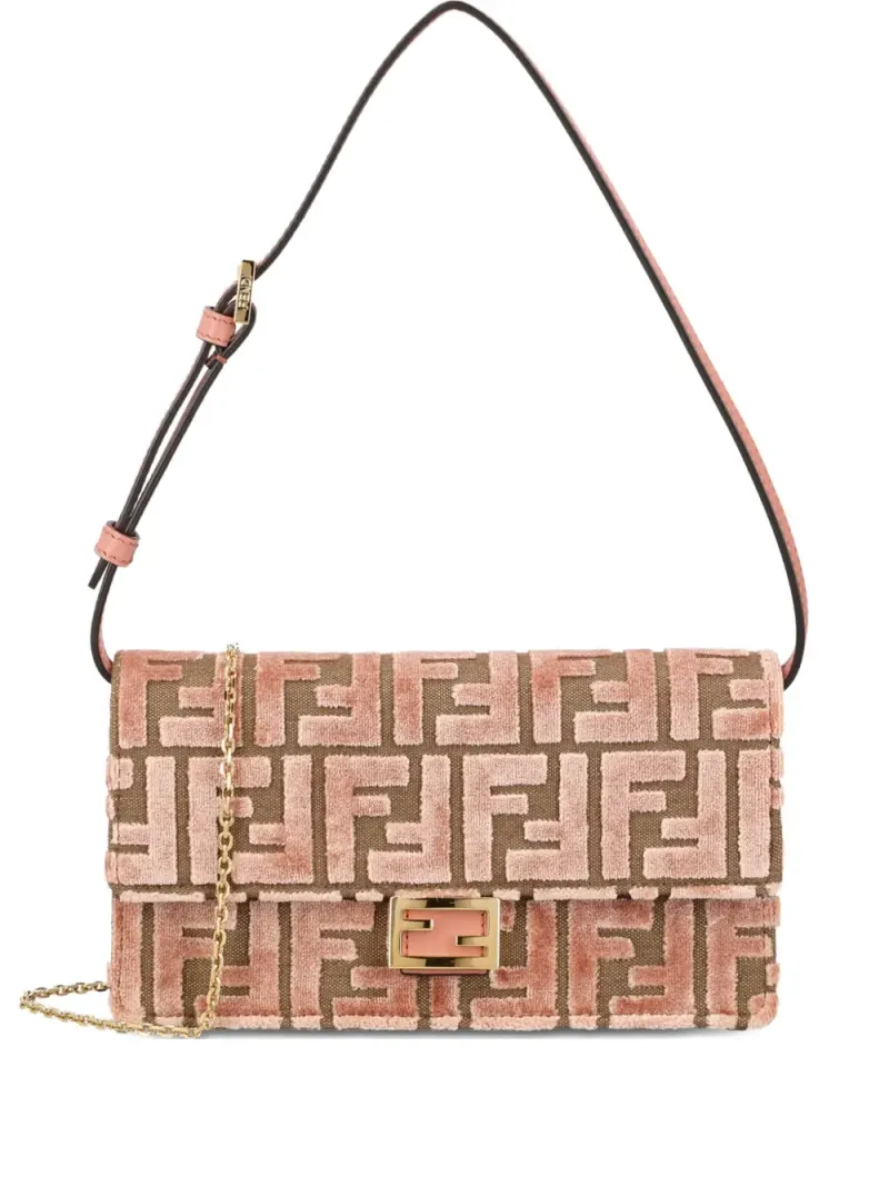 Fendi Mittelgroße Baguette Schultertasche aus Jacquard-Samt in Rosa