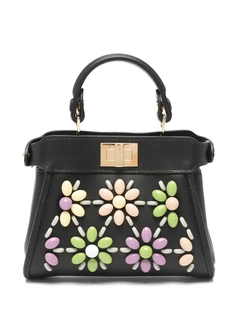 Fendi Nano Peekaboo Tote Bag mit Perlenblumen in Schwarz