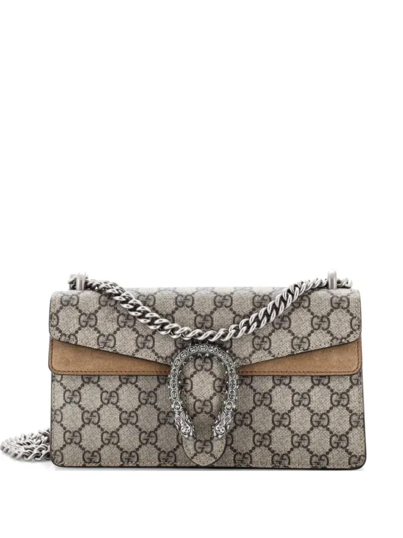 Gucci Kleine Dionysus Schultertasche aus GG-beschichtetem Canvas mit Kristallen in Braun