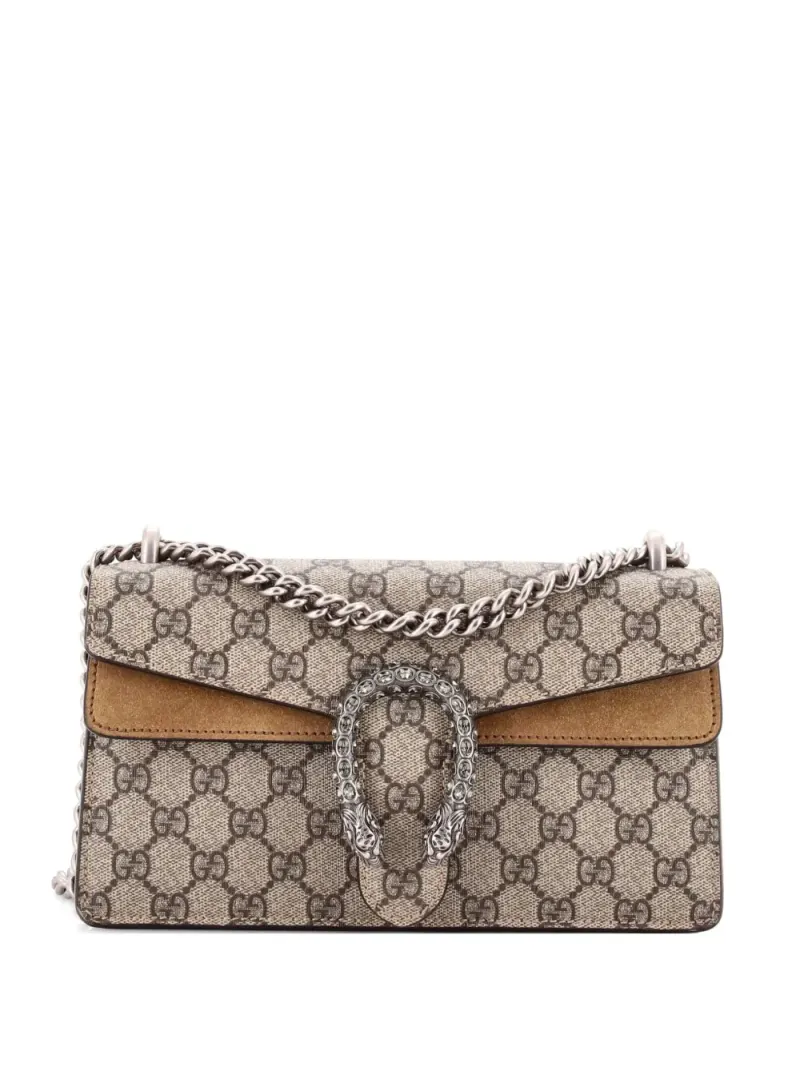Gucci Kleine Dionysus Schultertasche aus GG-beschichtetem Canvas mit Kristallen in Braun