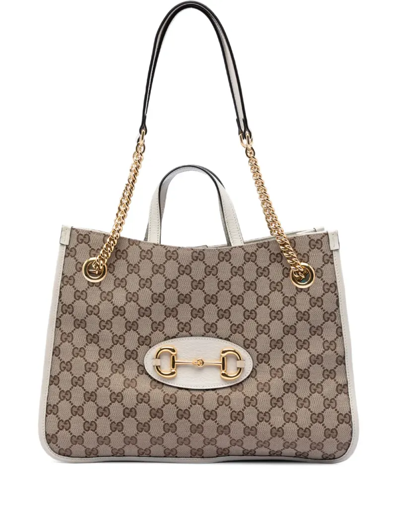 Gucci 2016-2026 mittelgroße GG Horsebit 1955 Tote Satchel-Tasche aus Canvas mit Kettenriemen in Weiß