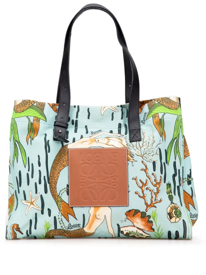 Loewe 2018 Paulas Ibiza mittelgroße Tote Bag aus Canvas mit Meerjungfrau-Print in Blau