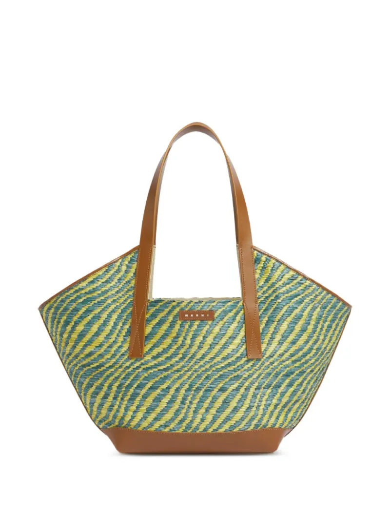 Marni Zweifarbiger Tote Bag mit Raffiabast-Effekt in Blau