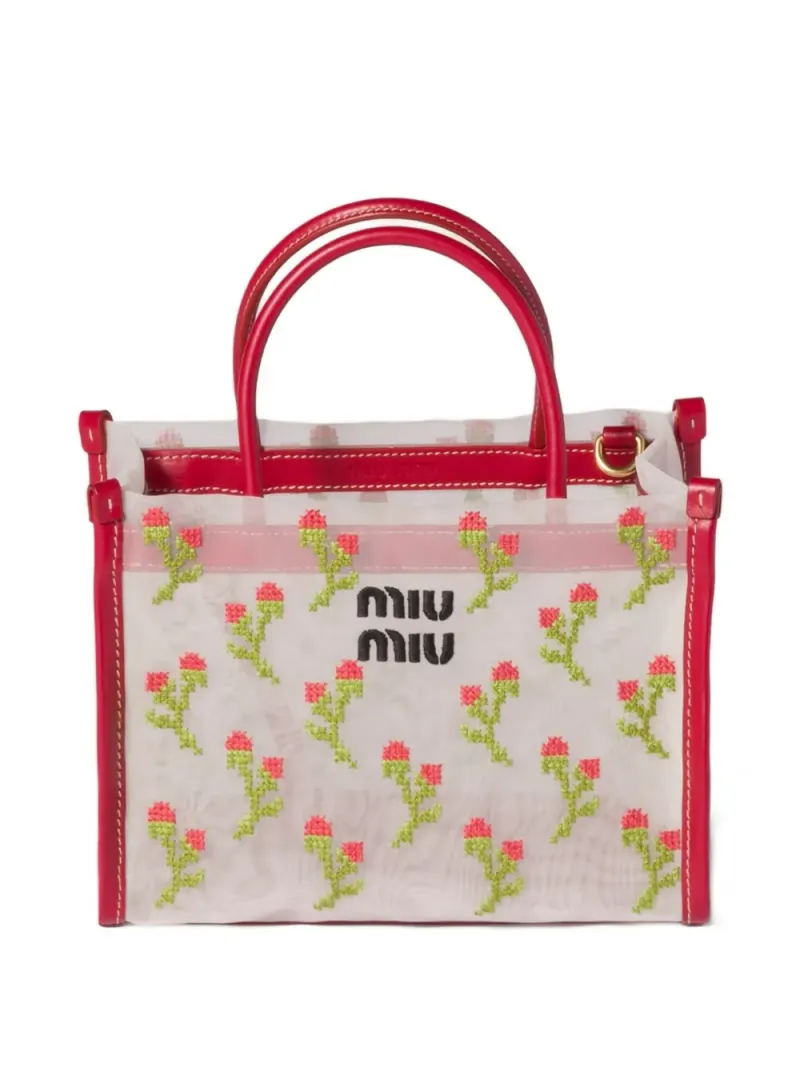Miu Miu Mesh-Handtasche mit Stickerei in Weiß