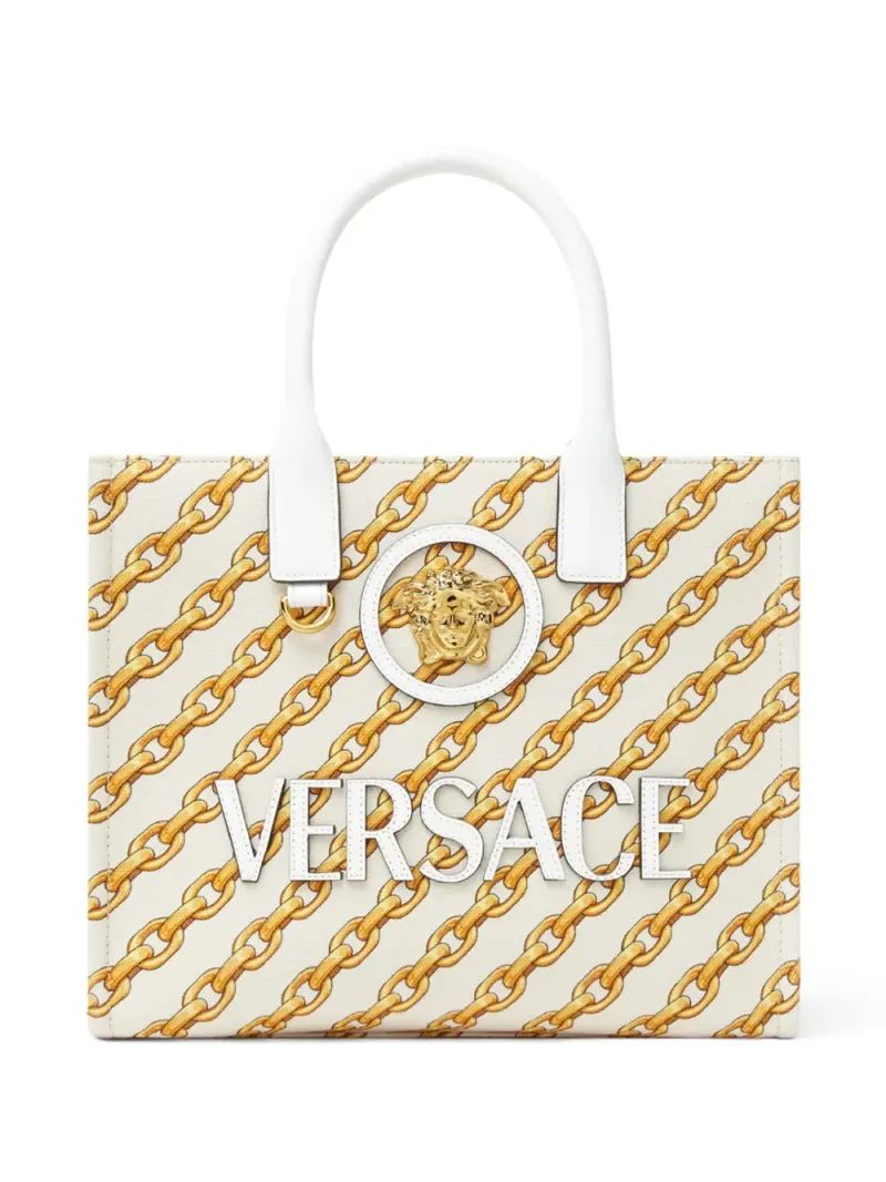 Versace Kleine Chain Stripes La Medusa Tote Bag in Nude